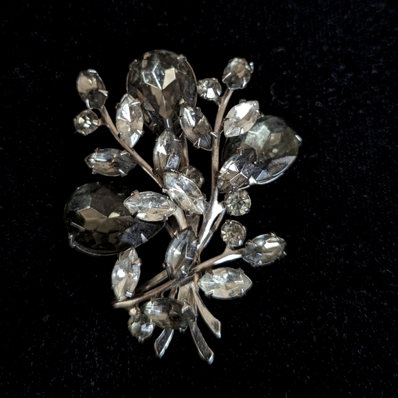 Vintage Jewelry - Vintage Brooch, Clear and Smokey Stones in a Silver Toned Flora/Fauna Design